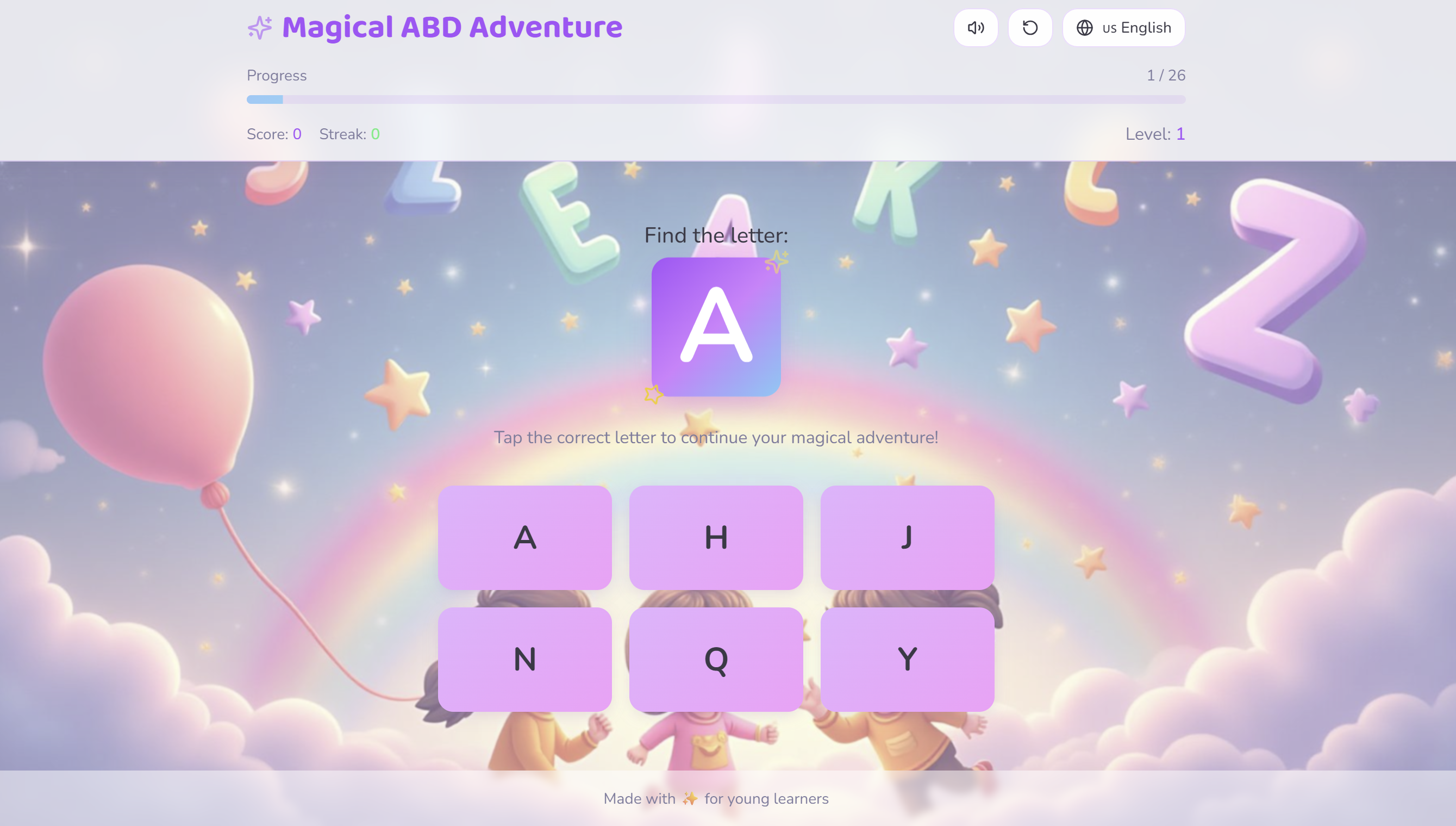 Interface do jogo Aventura ABC Mágica do Parquinho Online, mostrando letras coloridas e atividades de aprendizado do alfabeto