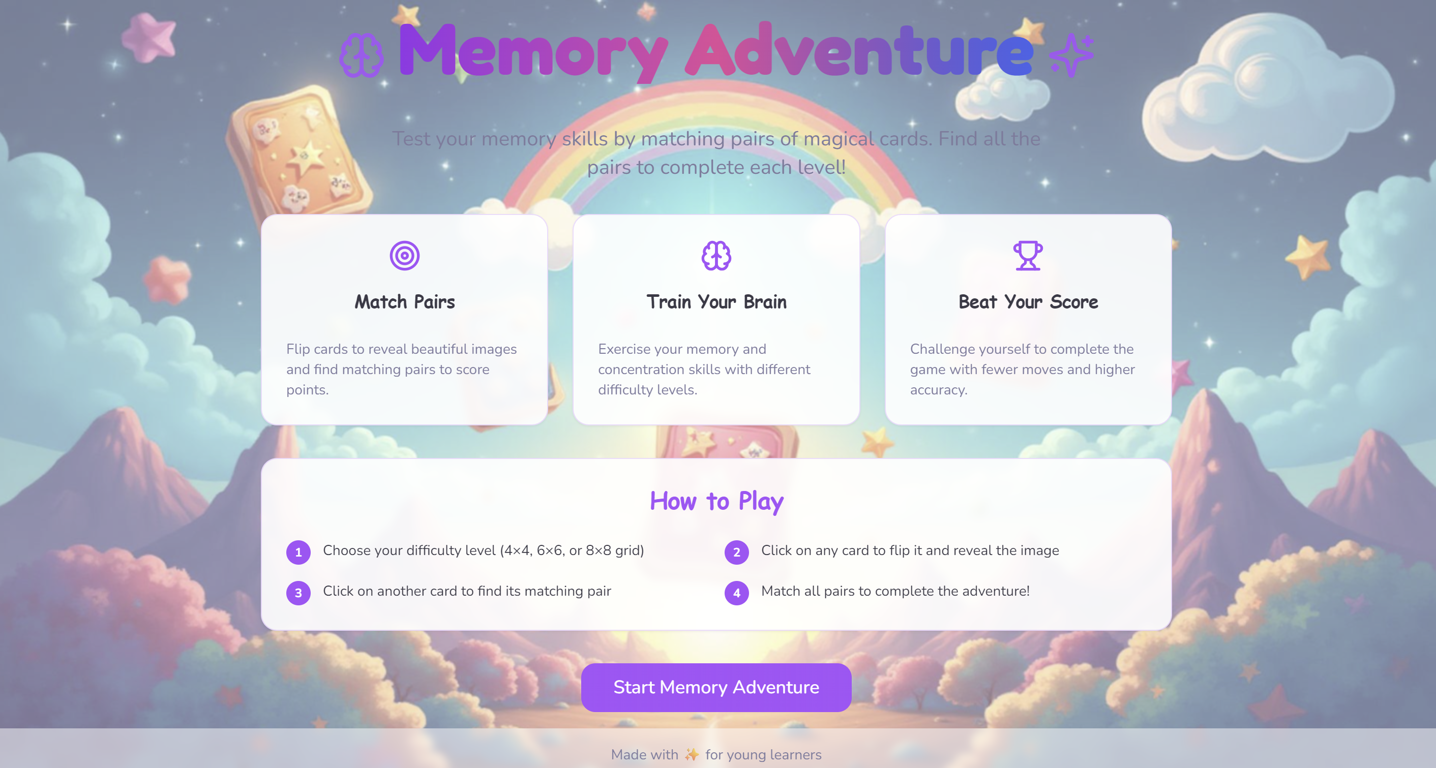 Interface do jogo Aventura da Memória do Parquinho Digital, mostrando jogo de cartas coloridas para treinar a memória