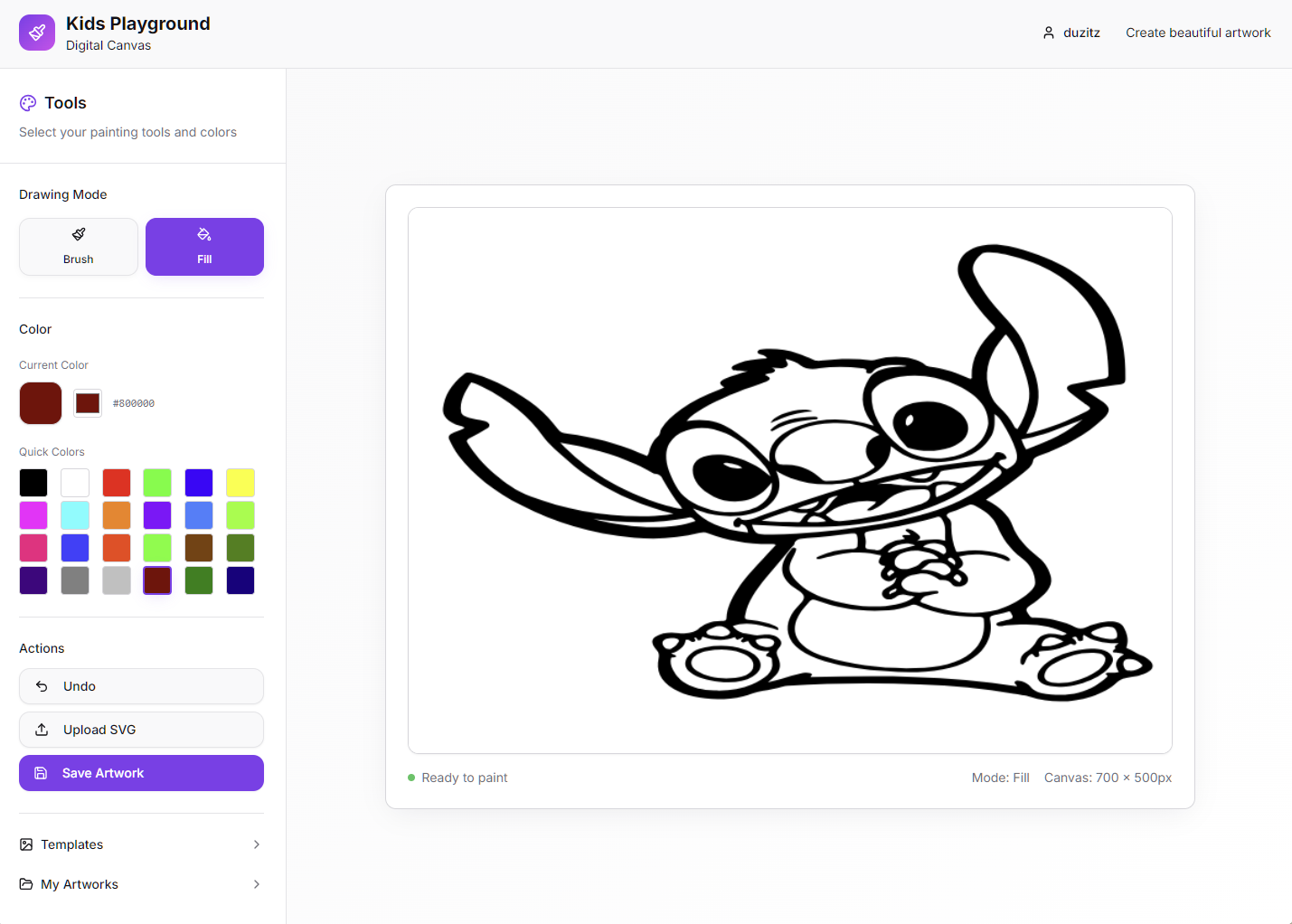 Interface do jogo Pintura Digital do Parquinho Online, mostrando ferramentas de pintura e tela