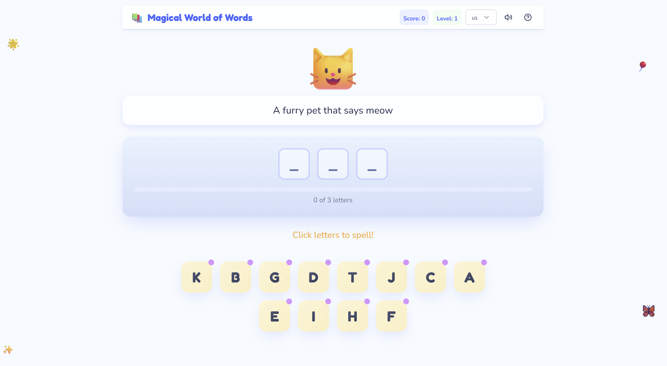 Interface do jogo Mundo Mágico das Palavras do Parquinho Digital, mostrando formação de palavras com dicas e seleção de letras